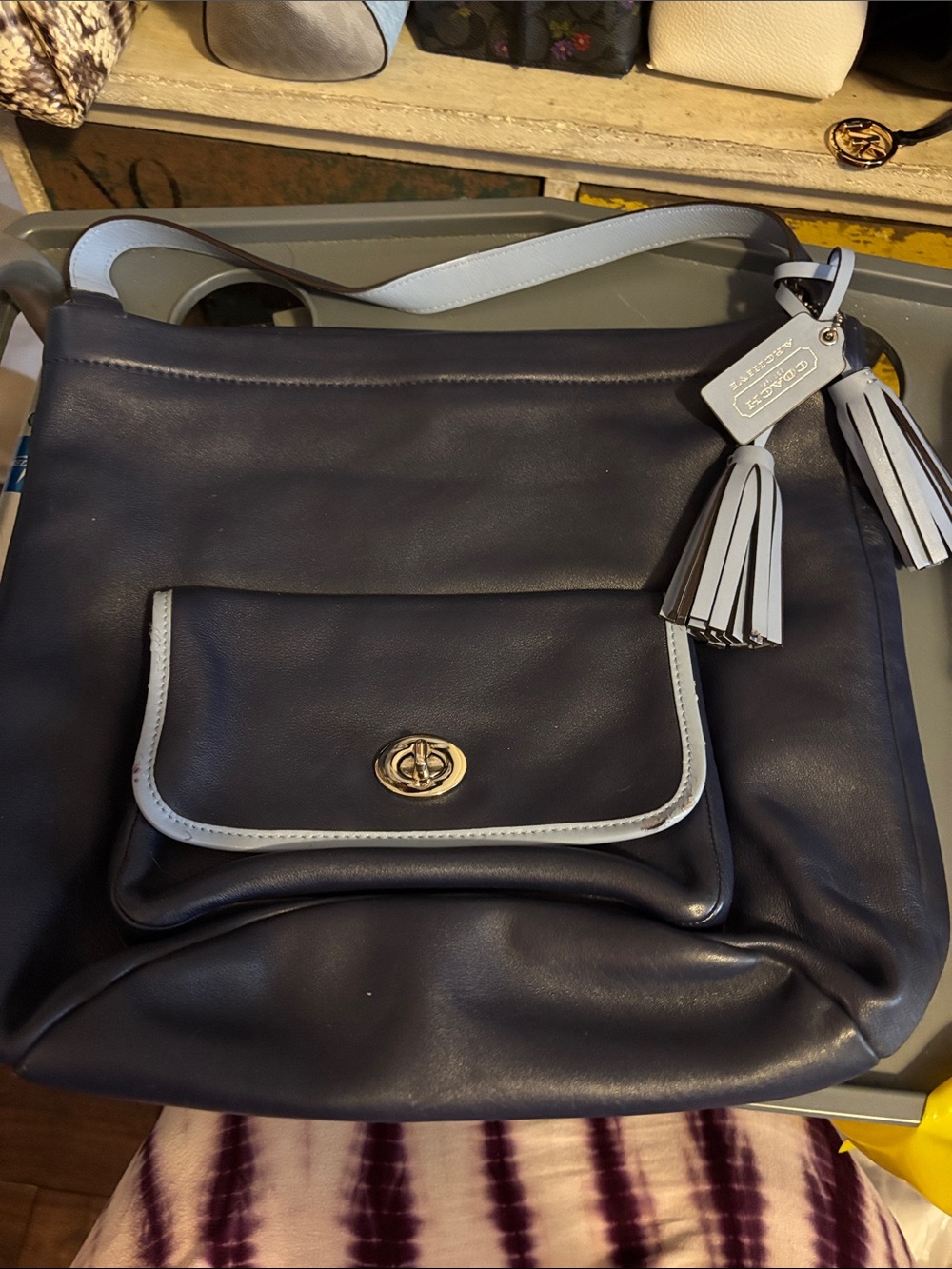 Coach Navy Leather Shoulder Bag with Light Blue Trim and Tassels